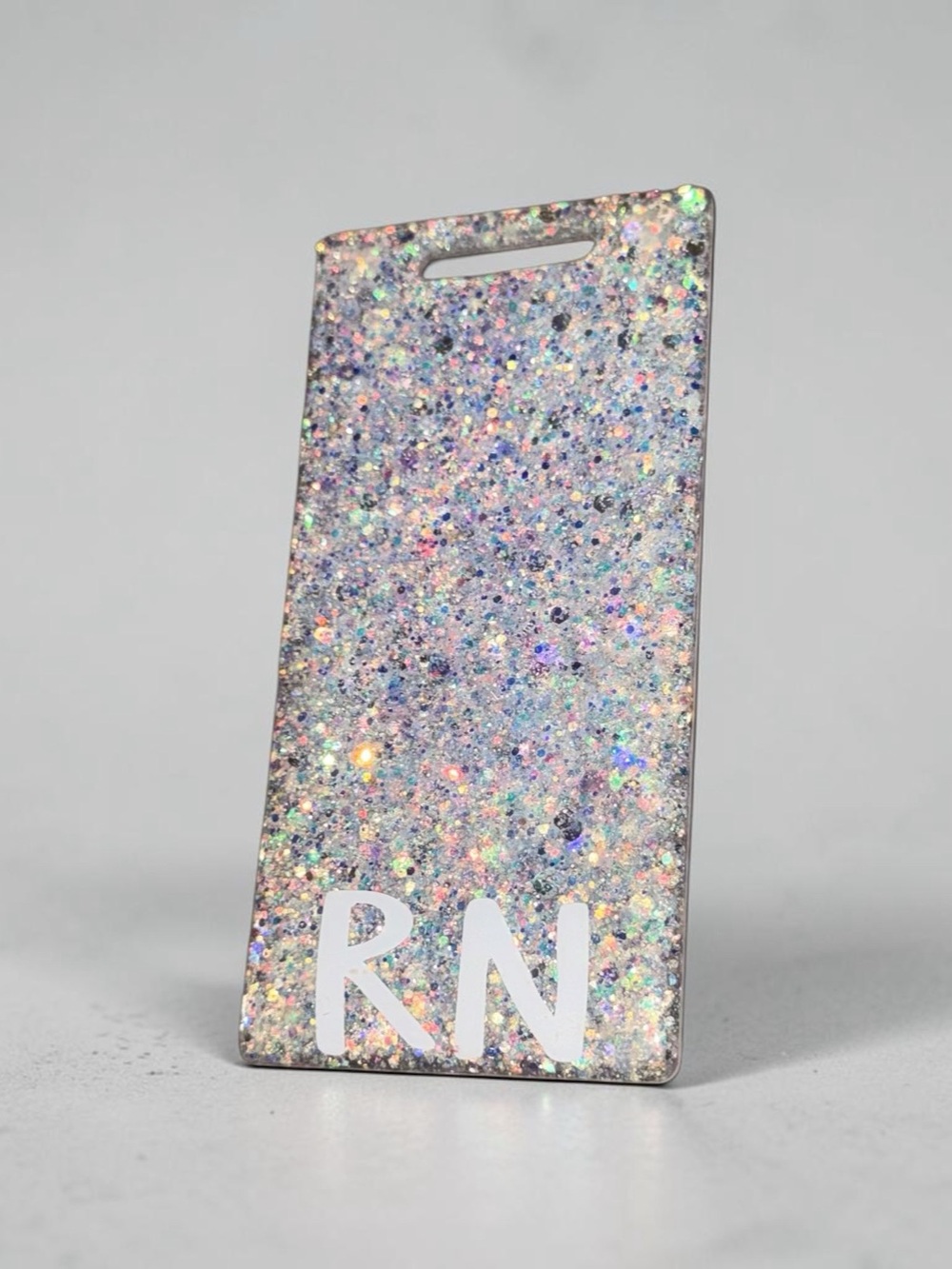 “RN” Badge Buddy Silver Iridescent Glitter Vertical Nurse ID Accessory